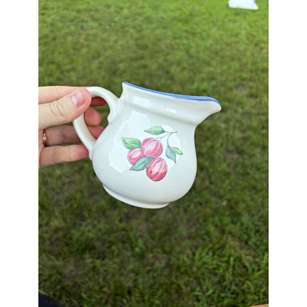 Pfaltzgraff Stoneware Floral Creamer Pitcher 8 oz White Blue Rim Model 402